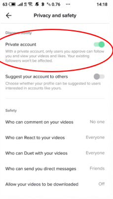 5) יש לסמן "Private account" אם ברצונכם לאפשר רק למשתמשים שאשרתם/ן לעקוב אחריכם לצפות בסרטונים שתעלו